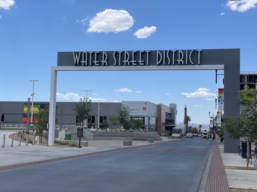 sign over the street in henderson, nevada that reads 'water street district'