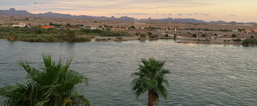 Laughlin Roadtrip pic of Colorado River from a casino restaurant view at sunset