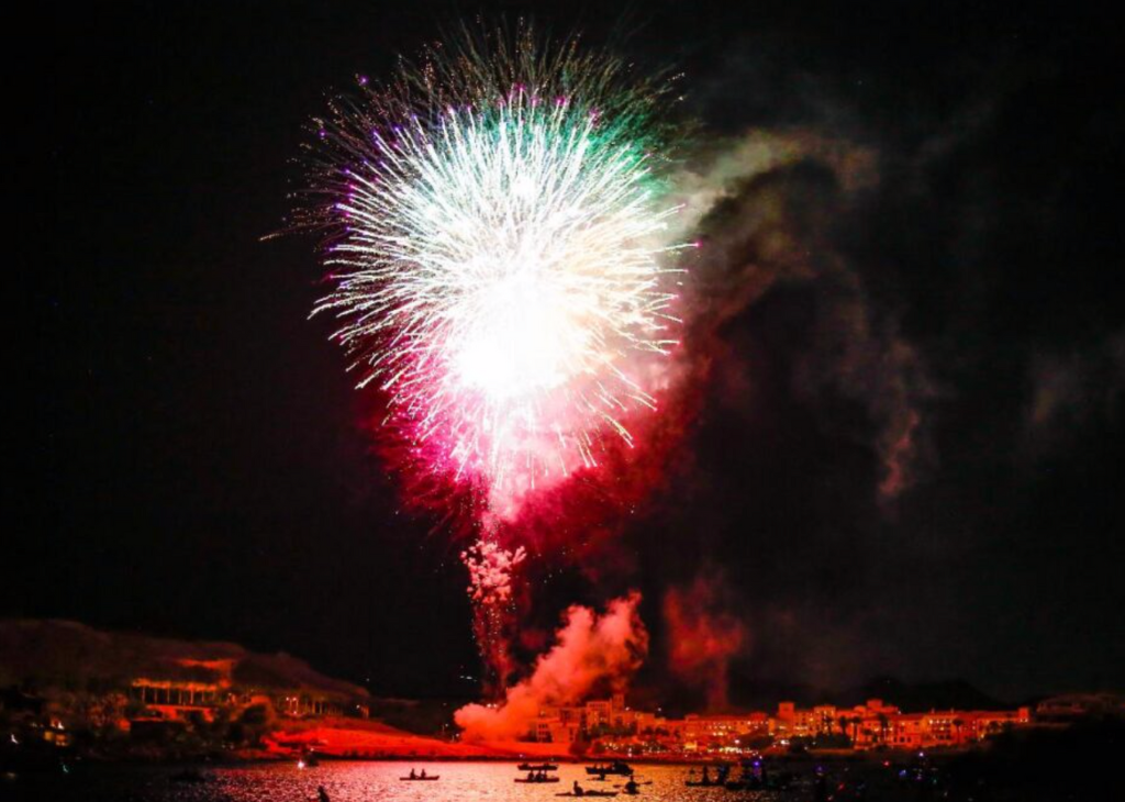 Green and pink fireworks in Southern Nevada at Lake Las Vegas in Henderson