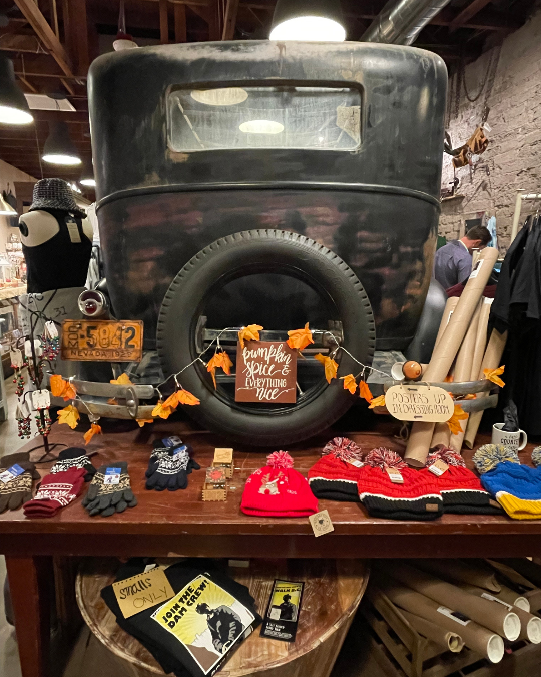 This sleigh - AKA - a vintage car displayed in the Boulder City Co Store