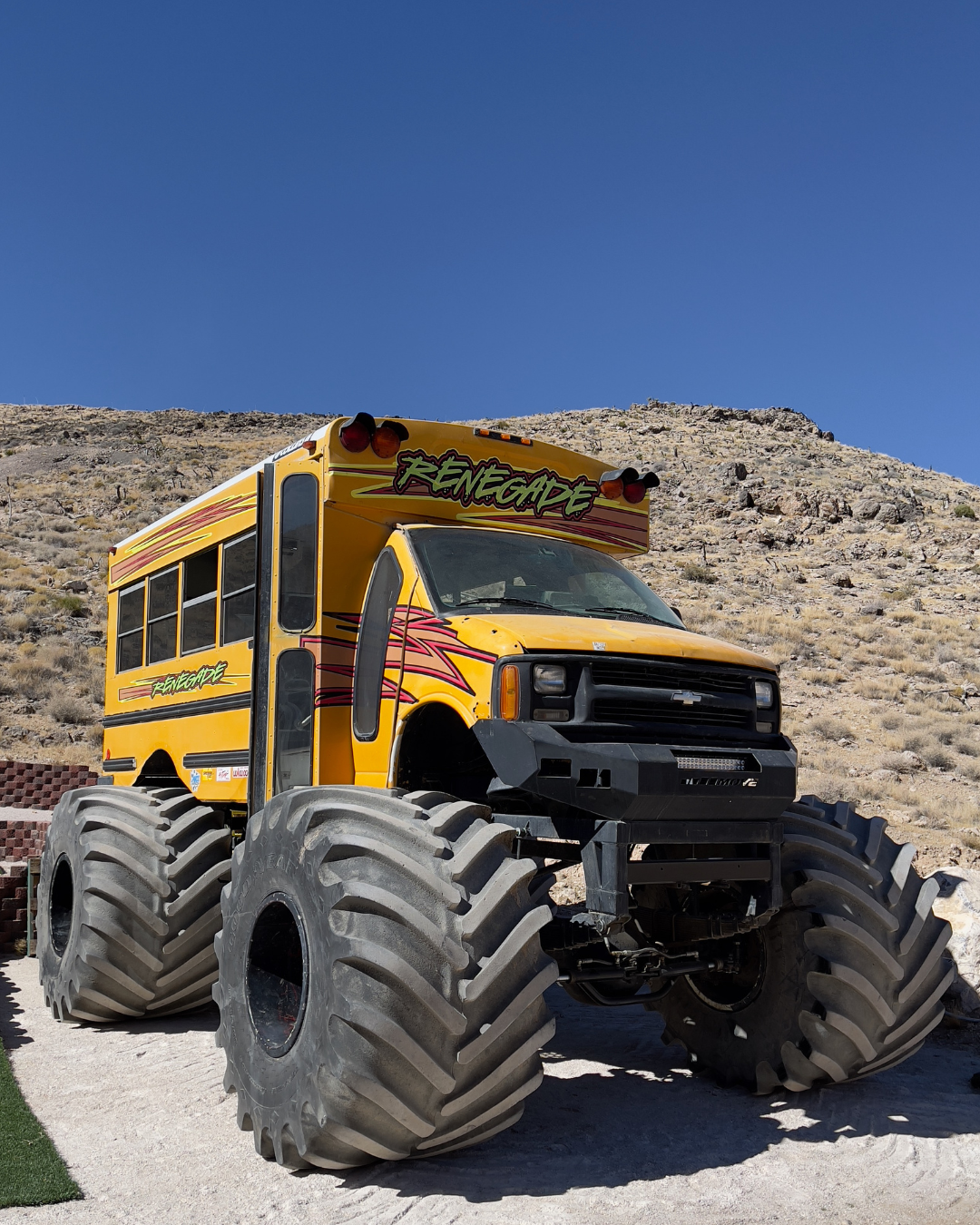 A monster school bus at Adrenaline Mountain in Goodsprings