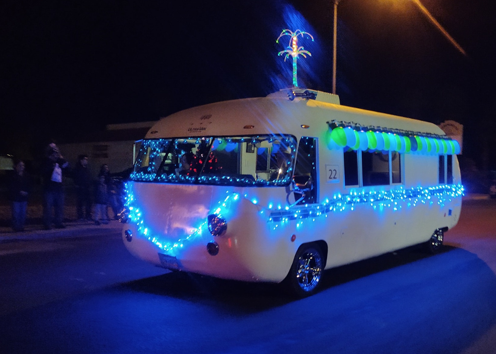 a unique looking camper with lights