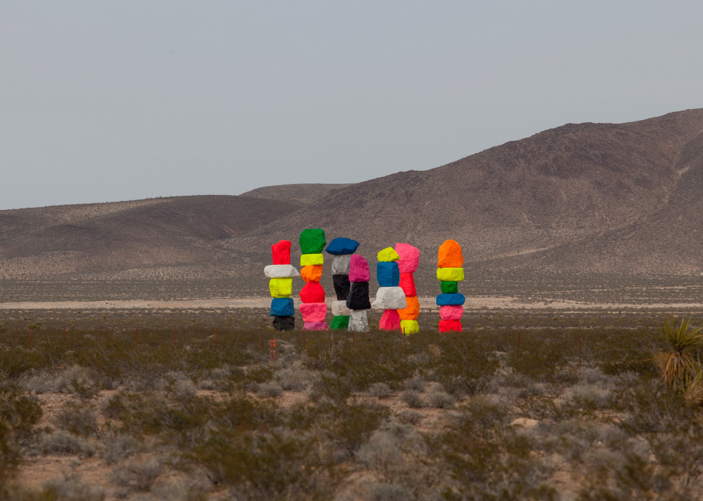 A far sighted view of Seven Magic Mountains in Jean NV
