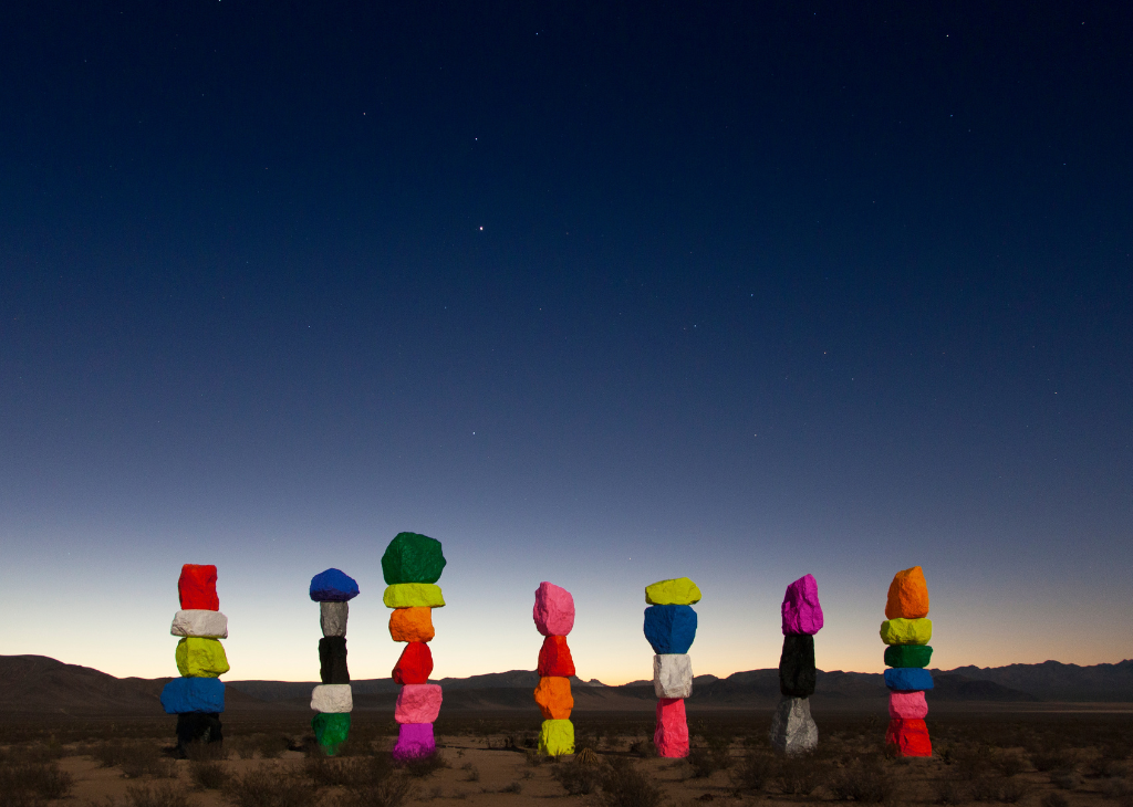 Night sky view at the art installation of seven magic mountains a gathering spot for the Perseid Meteor Shower