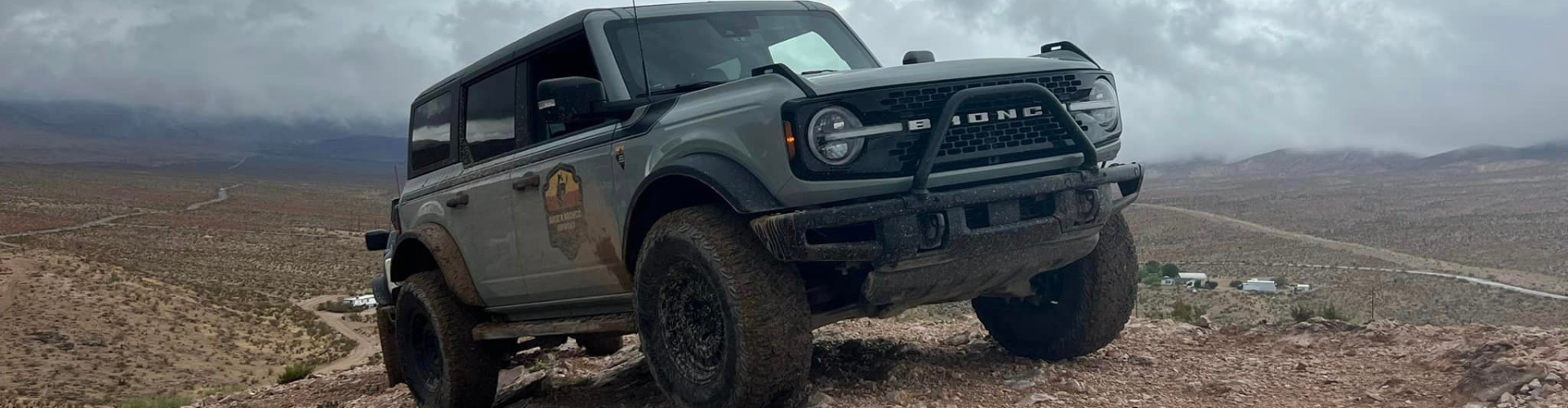a bronco in the desert with cloudy sky