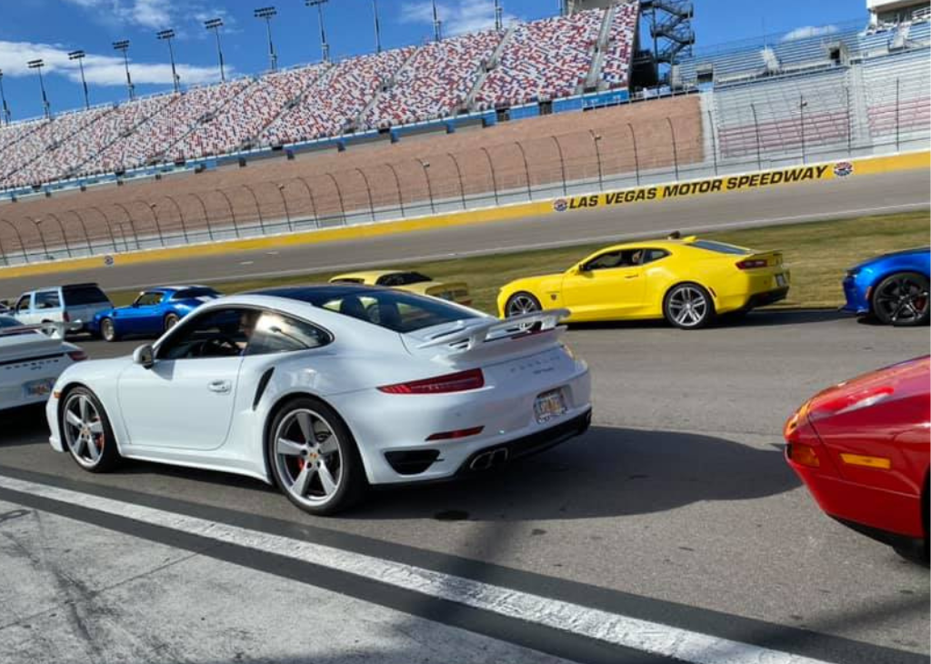Cars line up to go on the track at Las Vegas Motor Speedway for Speedway Children's Charities Laps for Charity event.