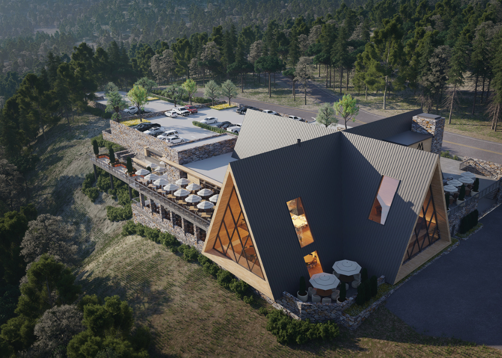 A rendering of Mt Charleston Lodge to debut in 2025. It burned down in a fire. It's an A frame lodge surround by trees of green.