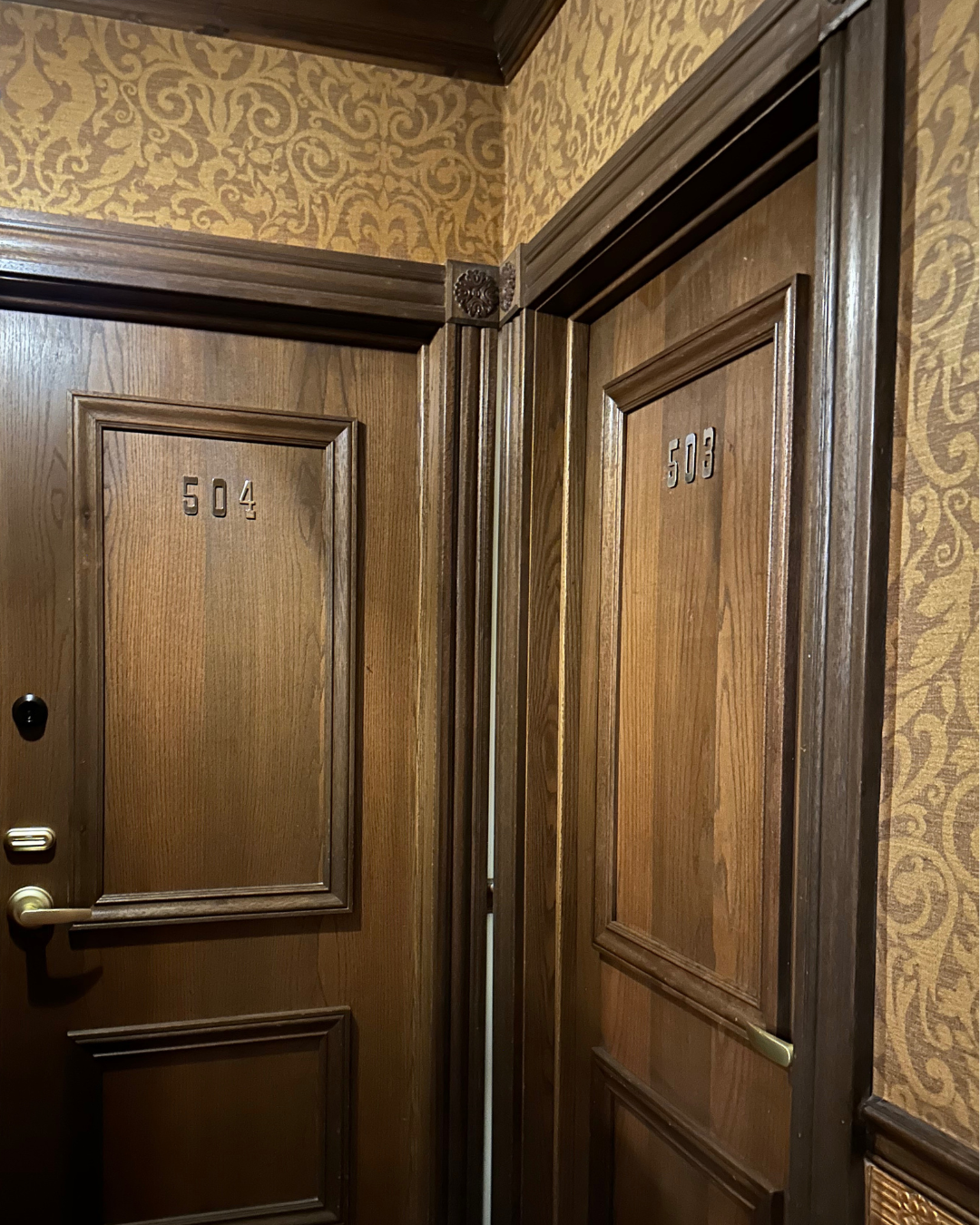 A picture of room 504 and 503 at the Mizpah Hotel where the Lady in Red was murdered.