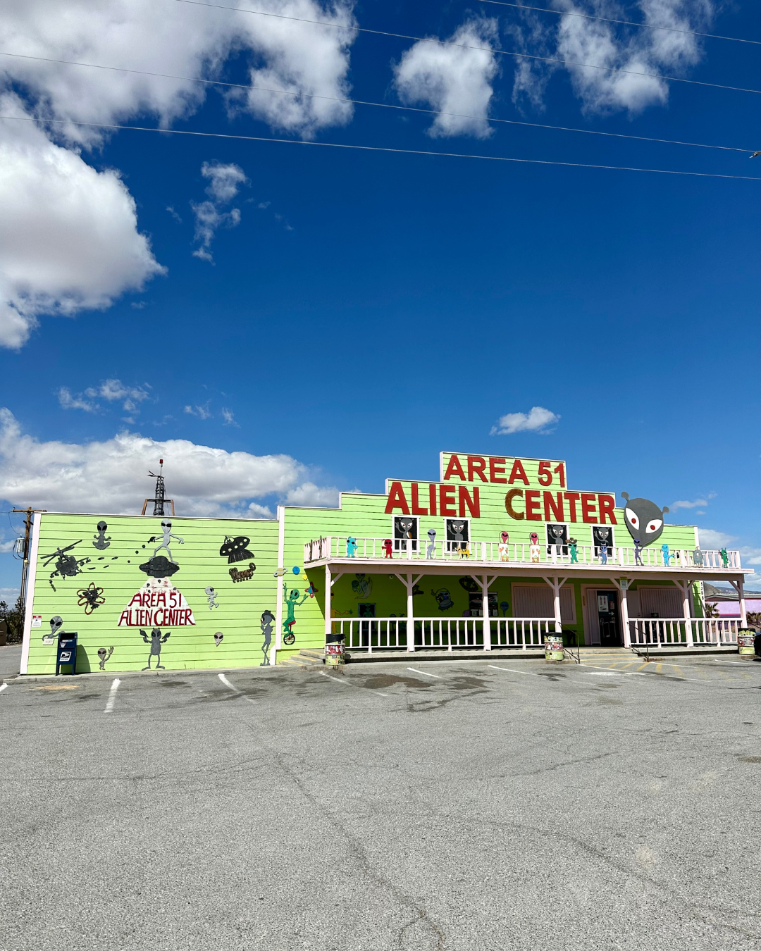 The Area 51 Alien Center is a light semi lime green building. It filled with alien souvenirs.