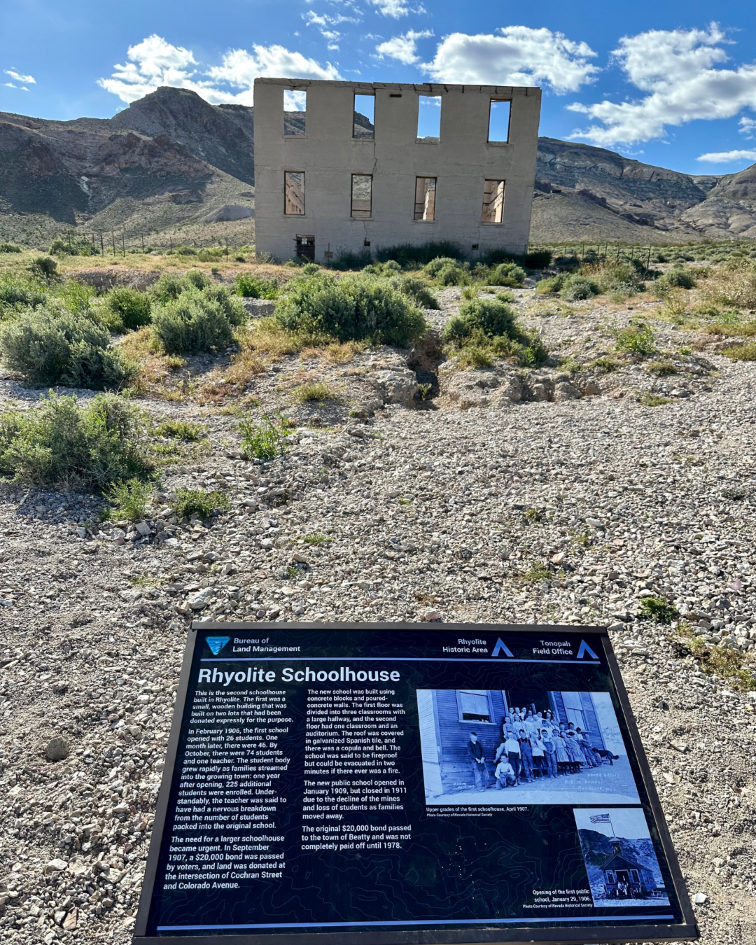Rhyolite Ghost Town is just outside of Beatty Nevada and this road tripping pic shows what is left of the school house building.