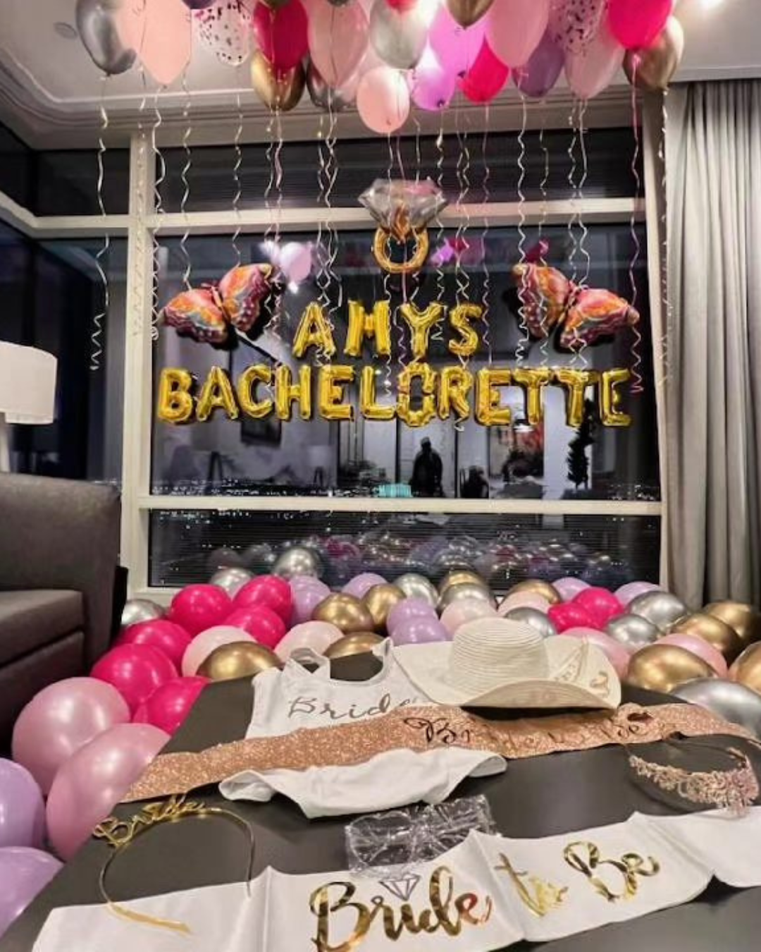 A room decorated for a girl named Amy celebrating a Vegas Bachelorette.