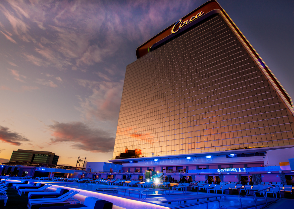 Circa Las Vegas at dusk shot from the Stadium Swim pool area.