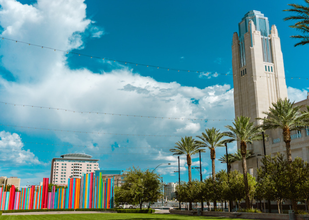A view of Symphony Park and the Smith Center for Performing Arts.