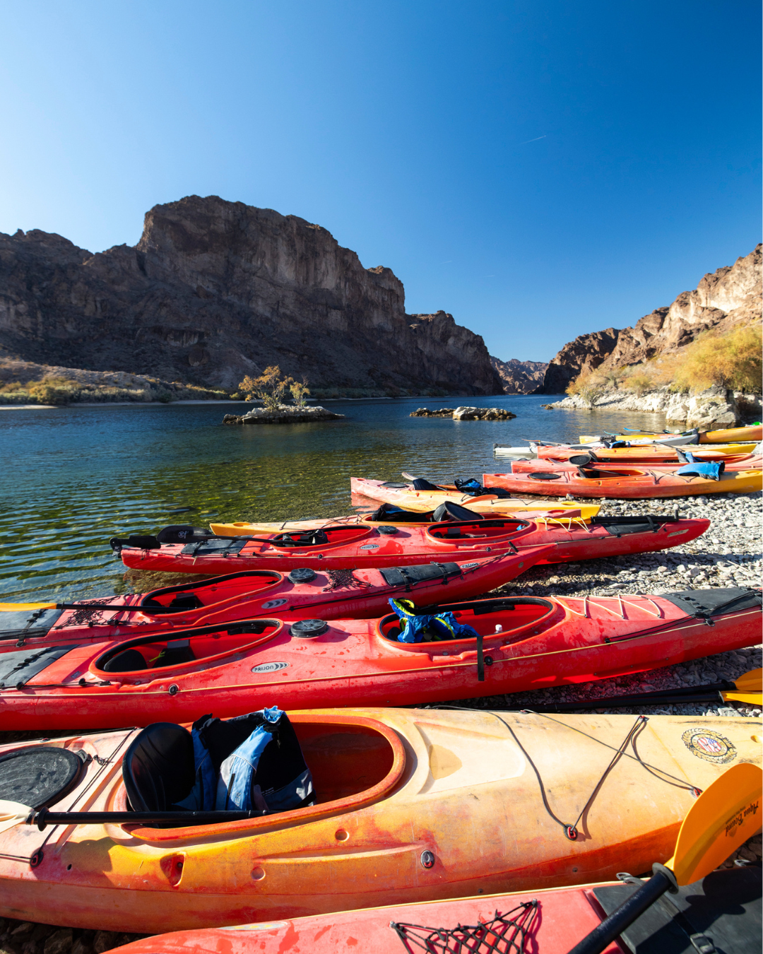 A bunch of colorful kayaks along the beach water in background. Evolution Expeditions Las Vegas.
