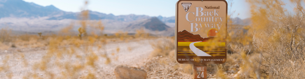 Back Country Highway sign with dessert road and mountains in backdrop.
