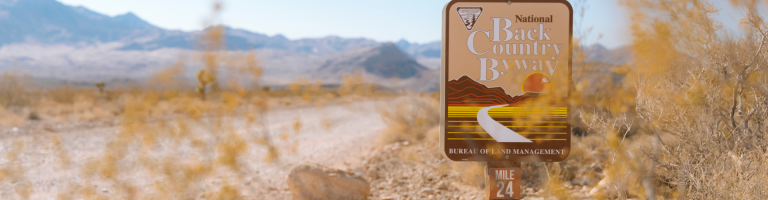 Back Country Highway sign with dessert road and mountains in backdrop.