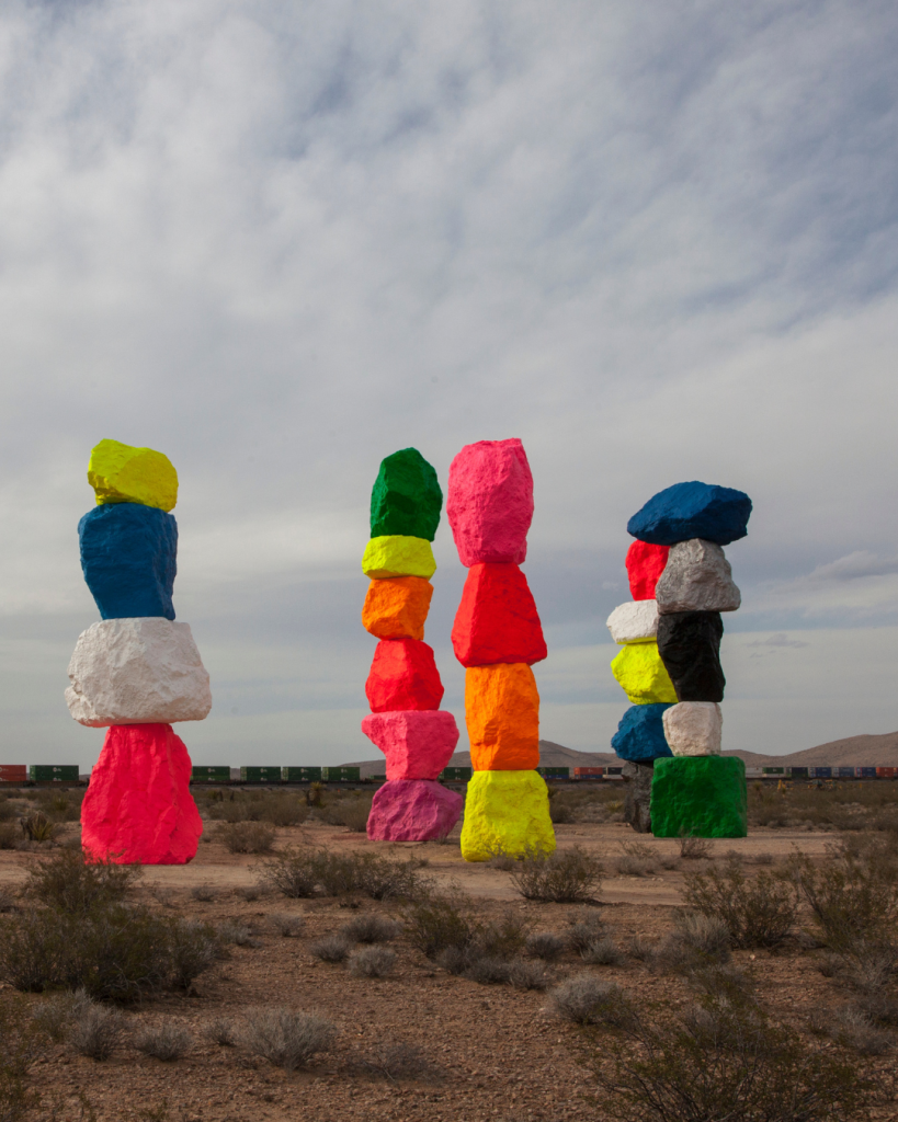 Five of the painted rock art sculptures at Seven Magic Mountains near Jean Nevada just outside of Las Vegas.