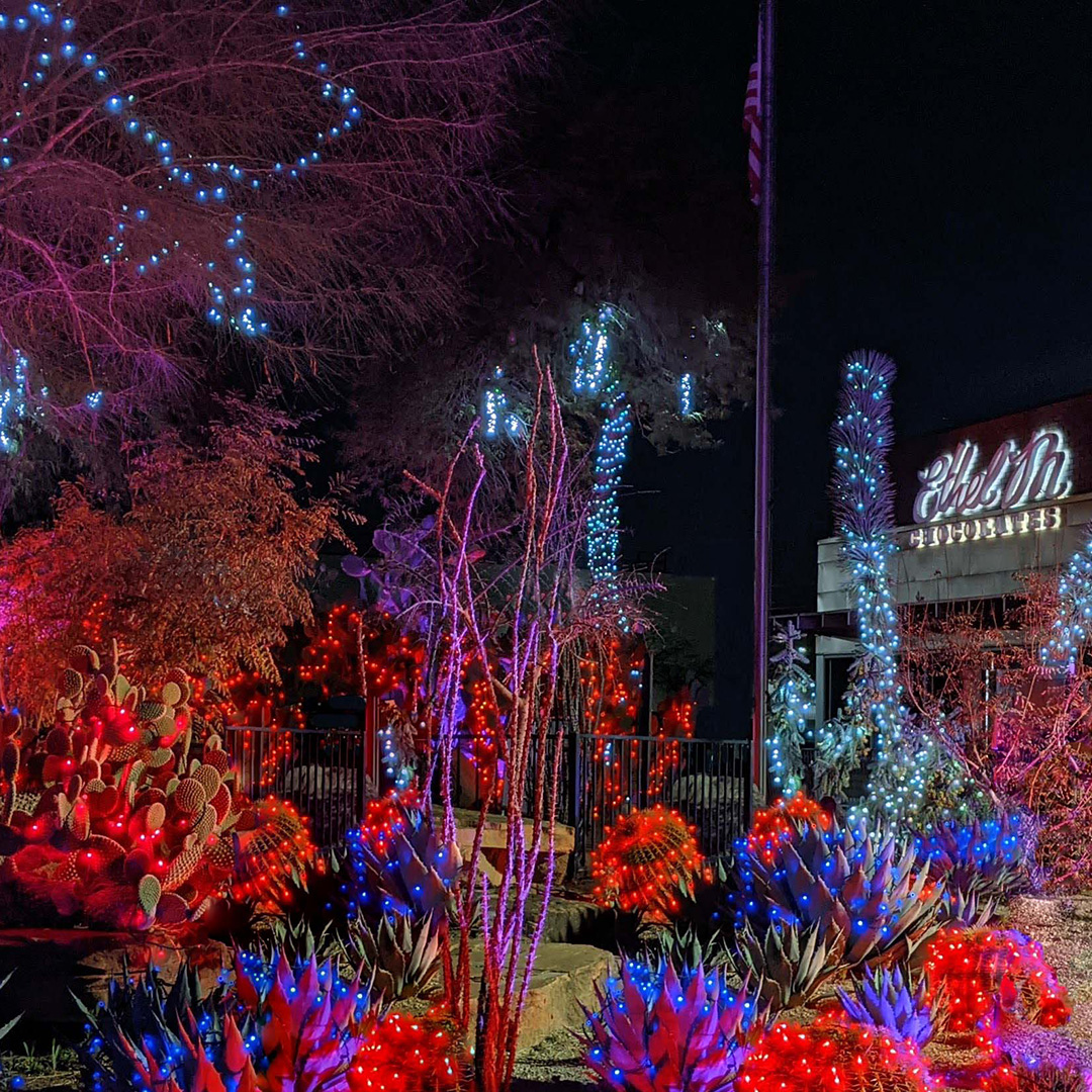 Destination Henderson. Ethel M Chocolate Factory lit up at night during holidays - usually Valentine's and Christmas activations.