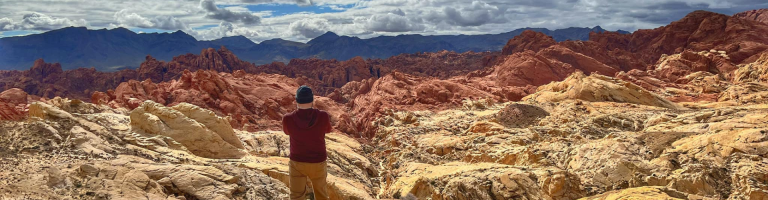 A man standing with his back to us looking out at the vast beauty of Valley of Fire on a wonderful cloudy day.