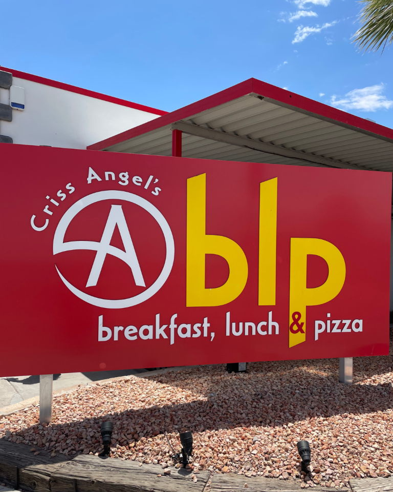 Criss Angel's breakfast lunch pizza sign in Overton, Nevada.